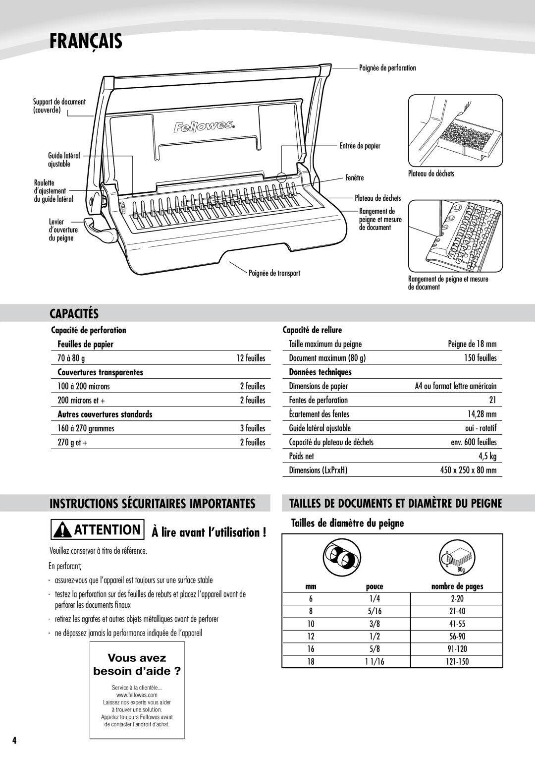 Fellowes Star 150 manual Français, Capacités, Vous avez Besoin d’aide ?, Tailles de diamètre du peigne 