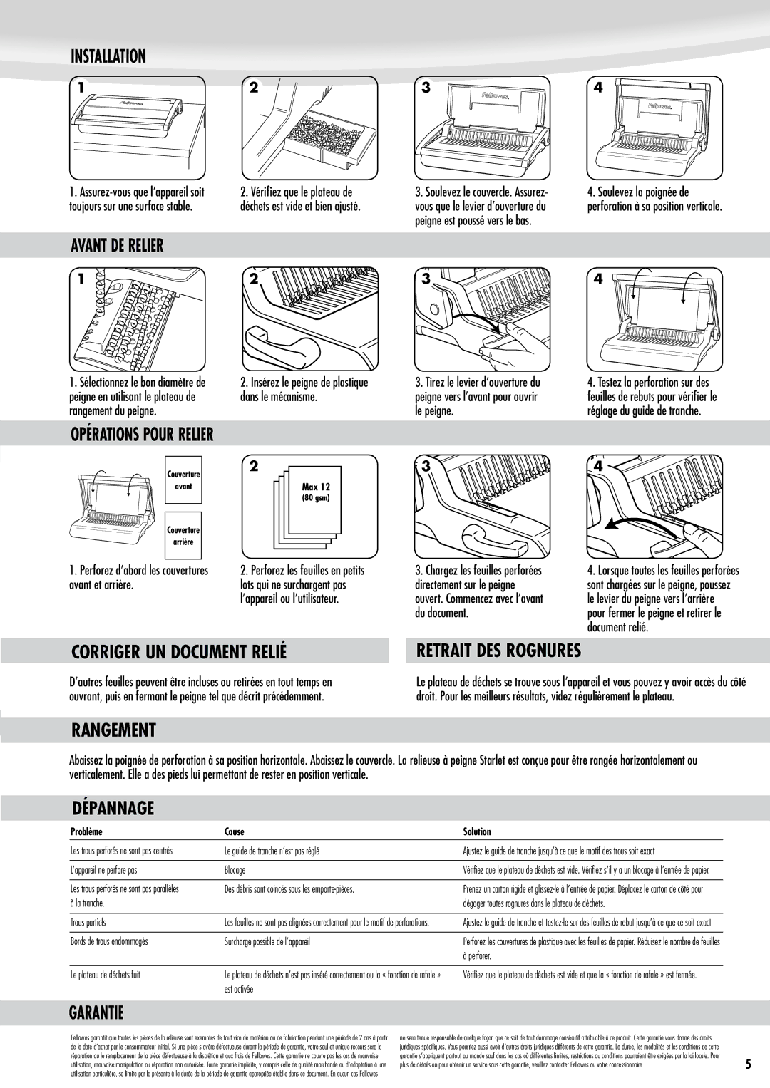 Fellowes Star 150 Installation, Avant DE Relier, Corriger UN Document Relié, Retrait DES Rognures, Rangement, Dépannage 