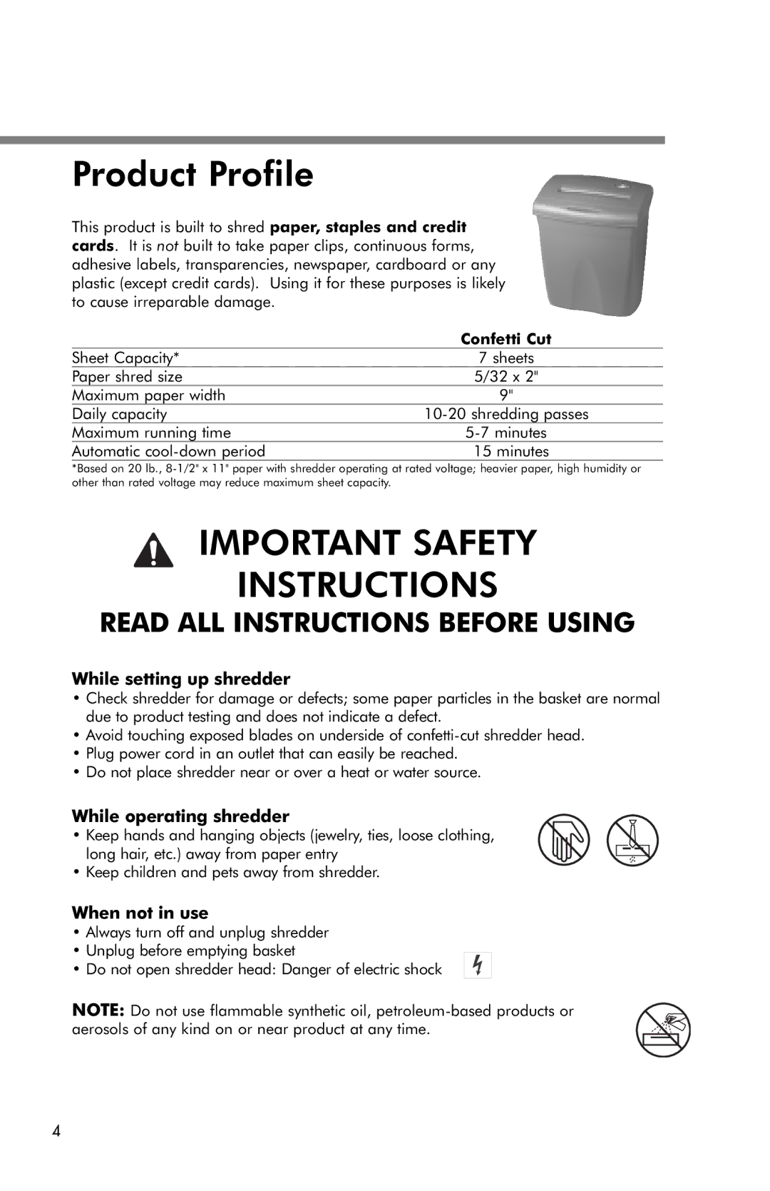 Fellowes T440C manual Product Profile, While setting up shredder, While operating shredder, When not in use 