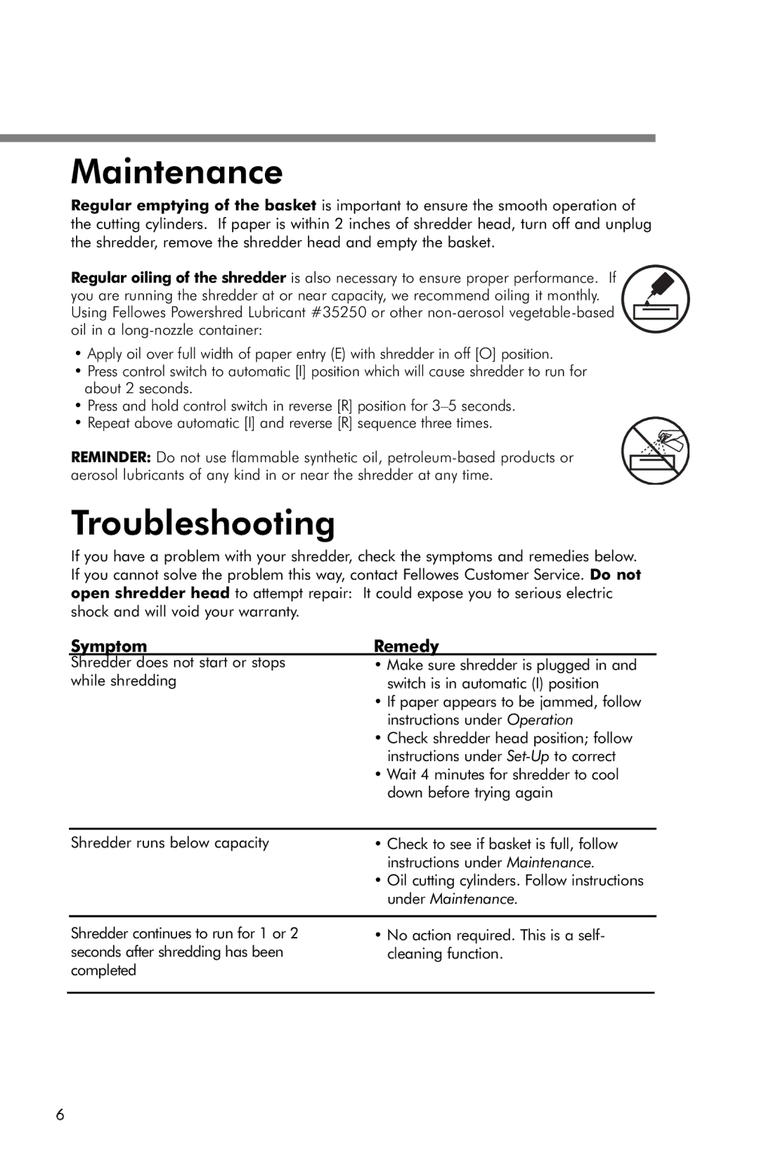 Fellowes T440C manual Maintenance, Troubleshooting, Symptom Remedy 