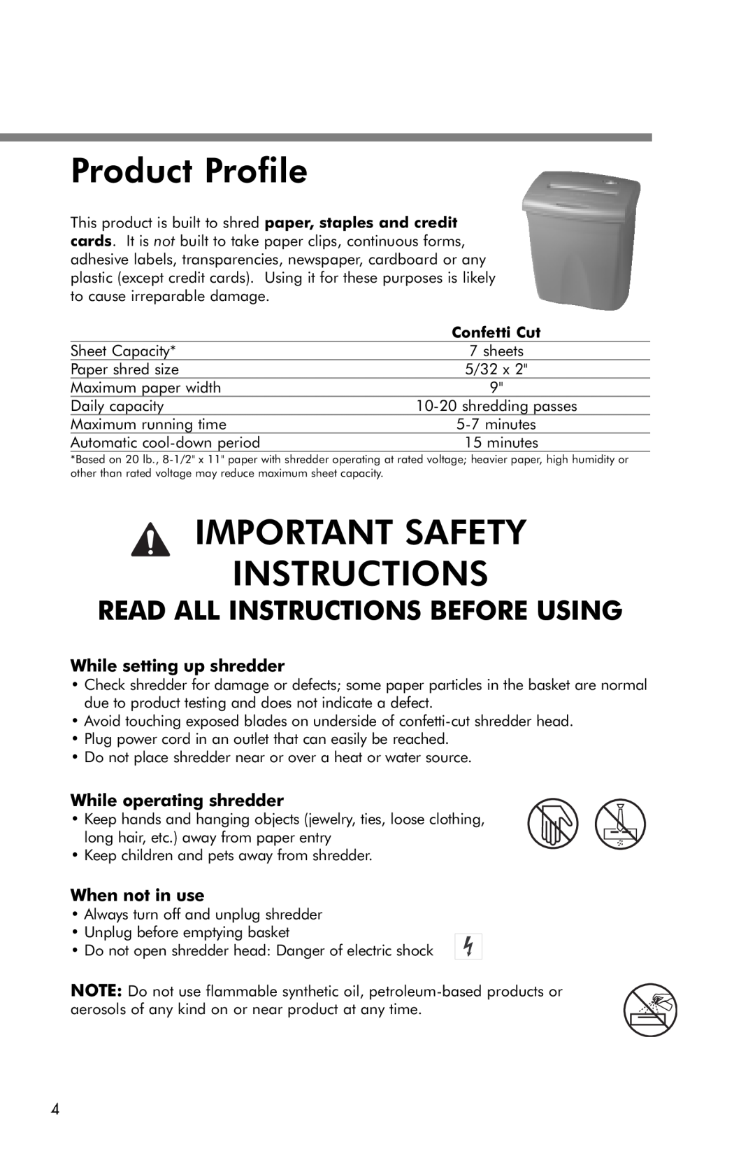 Fellowes T440C manual Product Profile, Important Safety Instructions, While setting up shredder, While operating shredder 