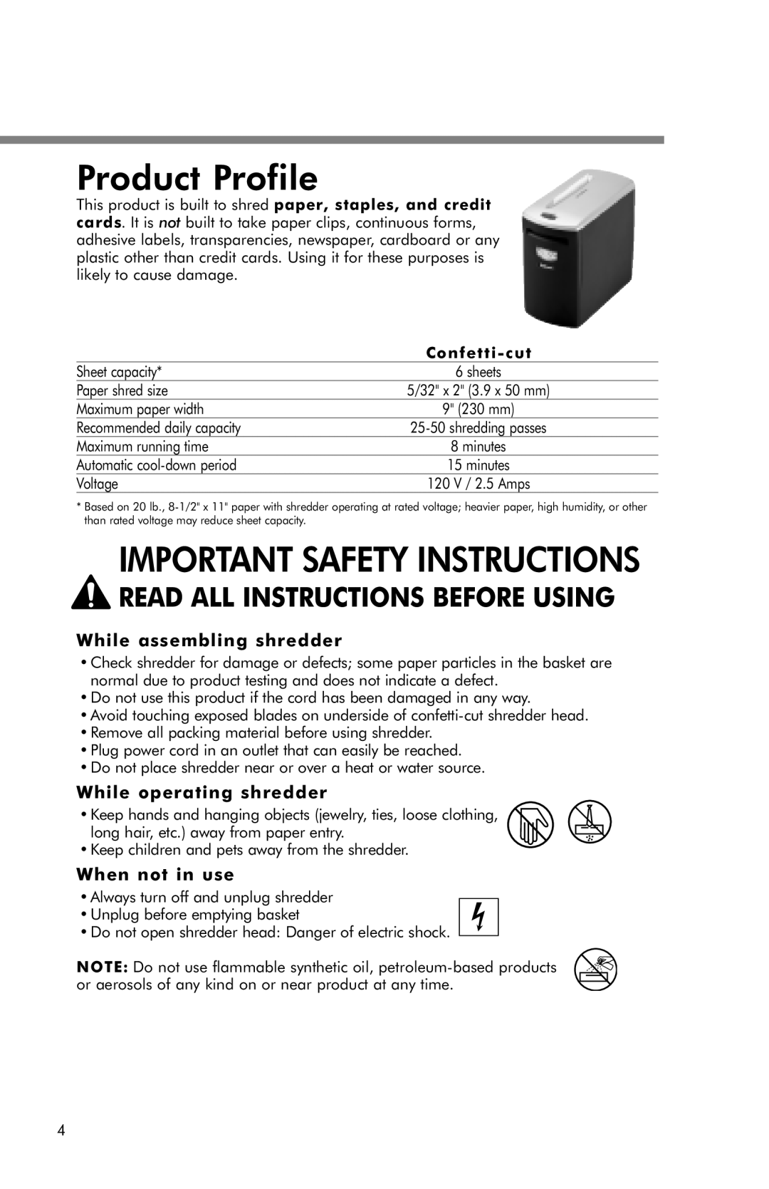 Fellowes T580C manual Product Profile, While assembling shredder, While operating shredder, When not in use 