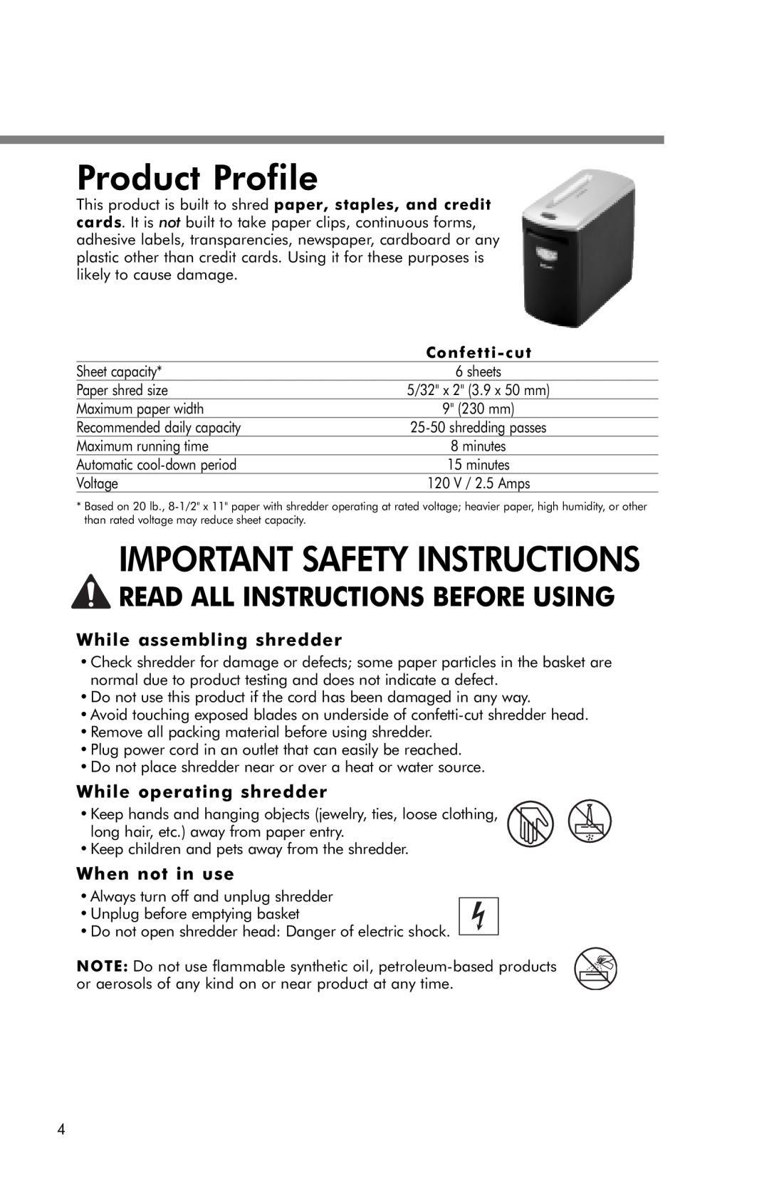 Fellowes T580C manual Product Profile, Important Safety Instructions, While assembling shredder, While operating shredder 