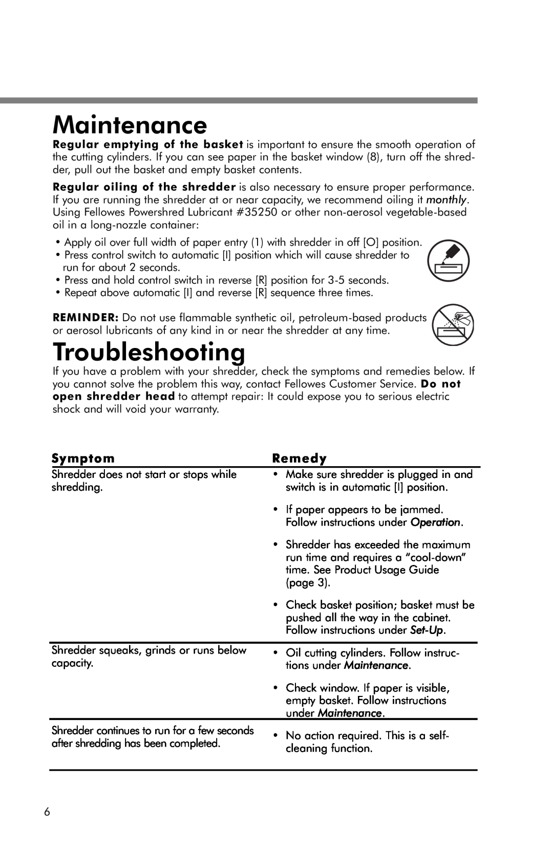 Fellowes T580C manual Troubleshooting, Symptom, Remedy, under Maintenance 
