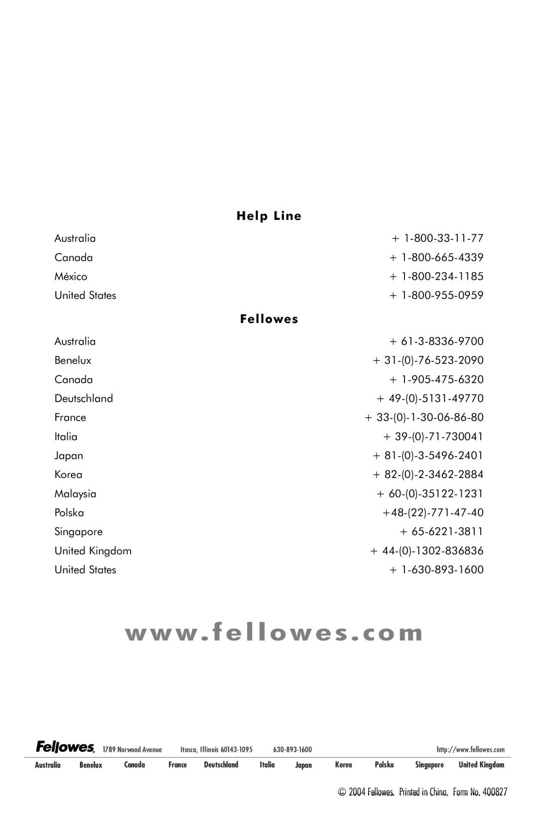 Fellowes T580C manual Help Line, Fellowes, w w w . f e l l o w e s . c o m 