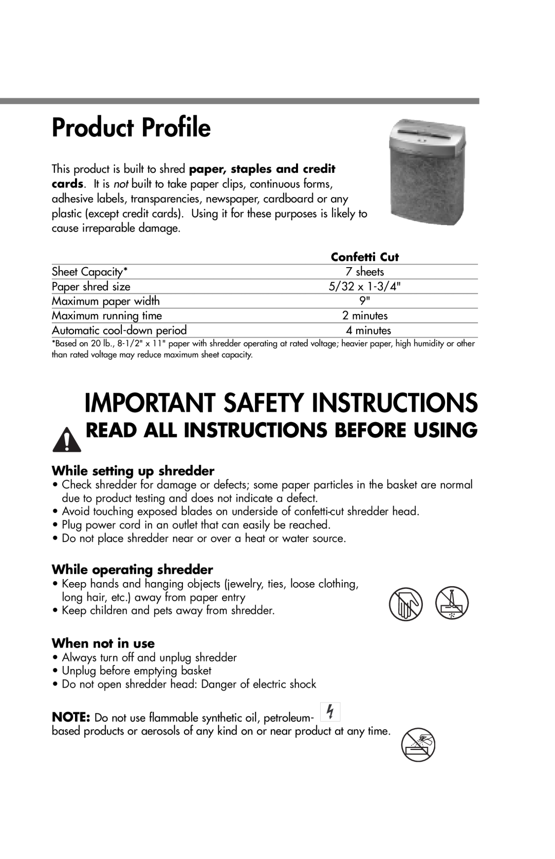 Fellowes T7CM manual Product Profile, Important Safety Instructions, While setting up shredder, While operating shredder 