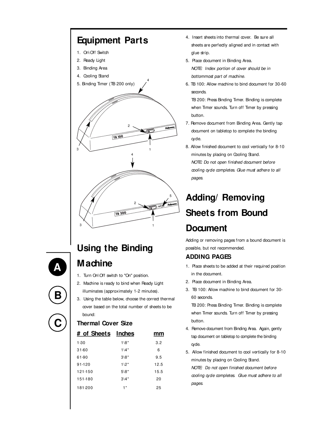 Fellowes TB 100 manual Equipment Parts, Adding Pages 