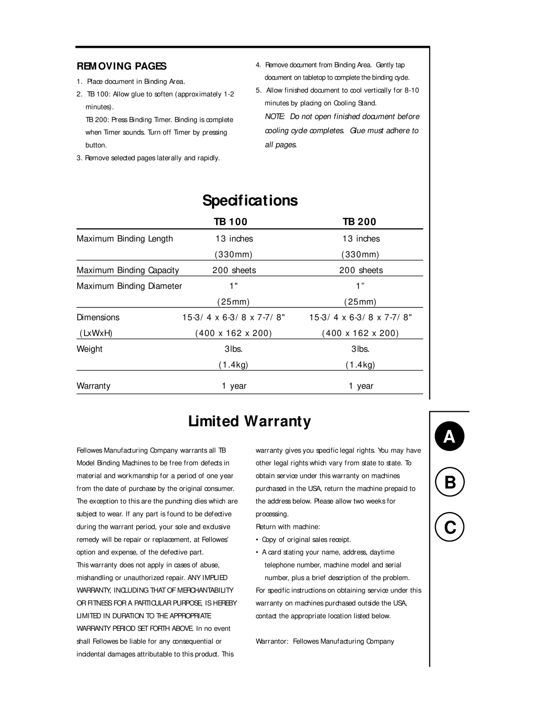 Fellowes TB 100 manual Specifications, Limited Warranty, Removing Pages 