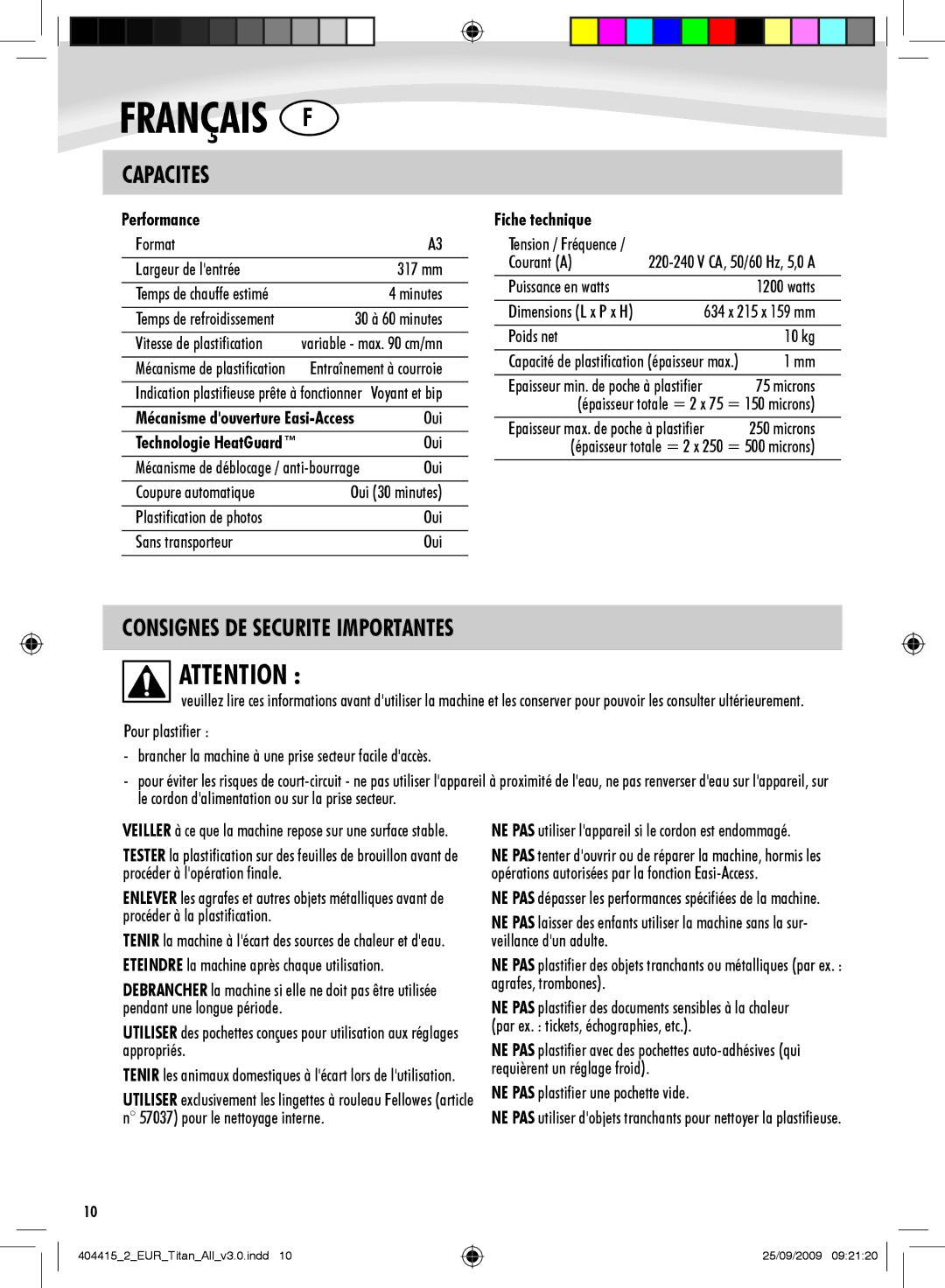 Fellowes Titan A3 manual Capacites, Consignes DE Securite Importantes, Fiche technique 