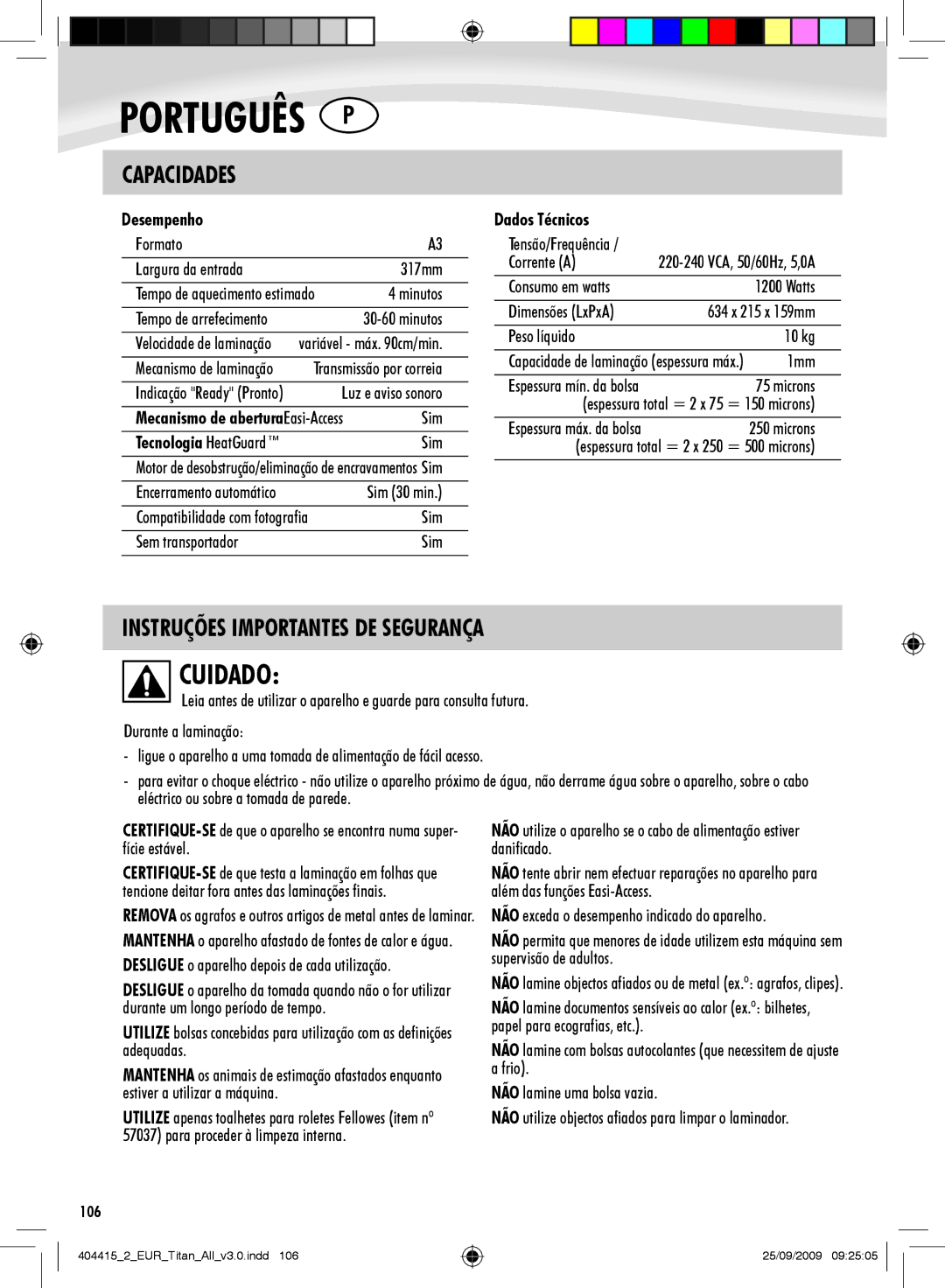 Fellowes Titan A3 manual Cuidado, Instruções Importantes DE Segurança, Desempenho, Dados Técnicos 