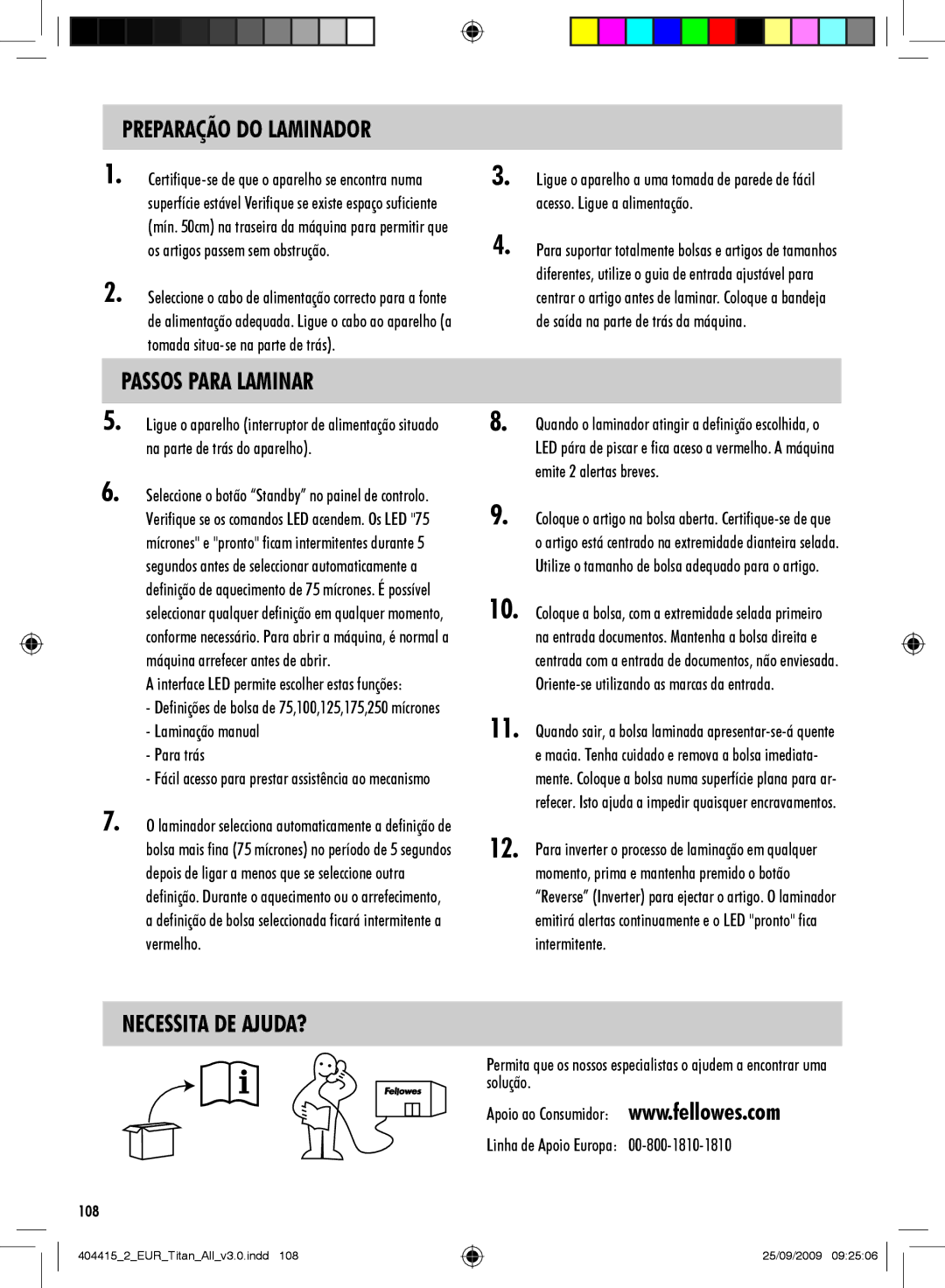 Fellowes Titan A3 Preparação do Laminador, Passos Para Laminar, Necessita DE AJUDA?, Laminação manual Para trás 