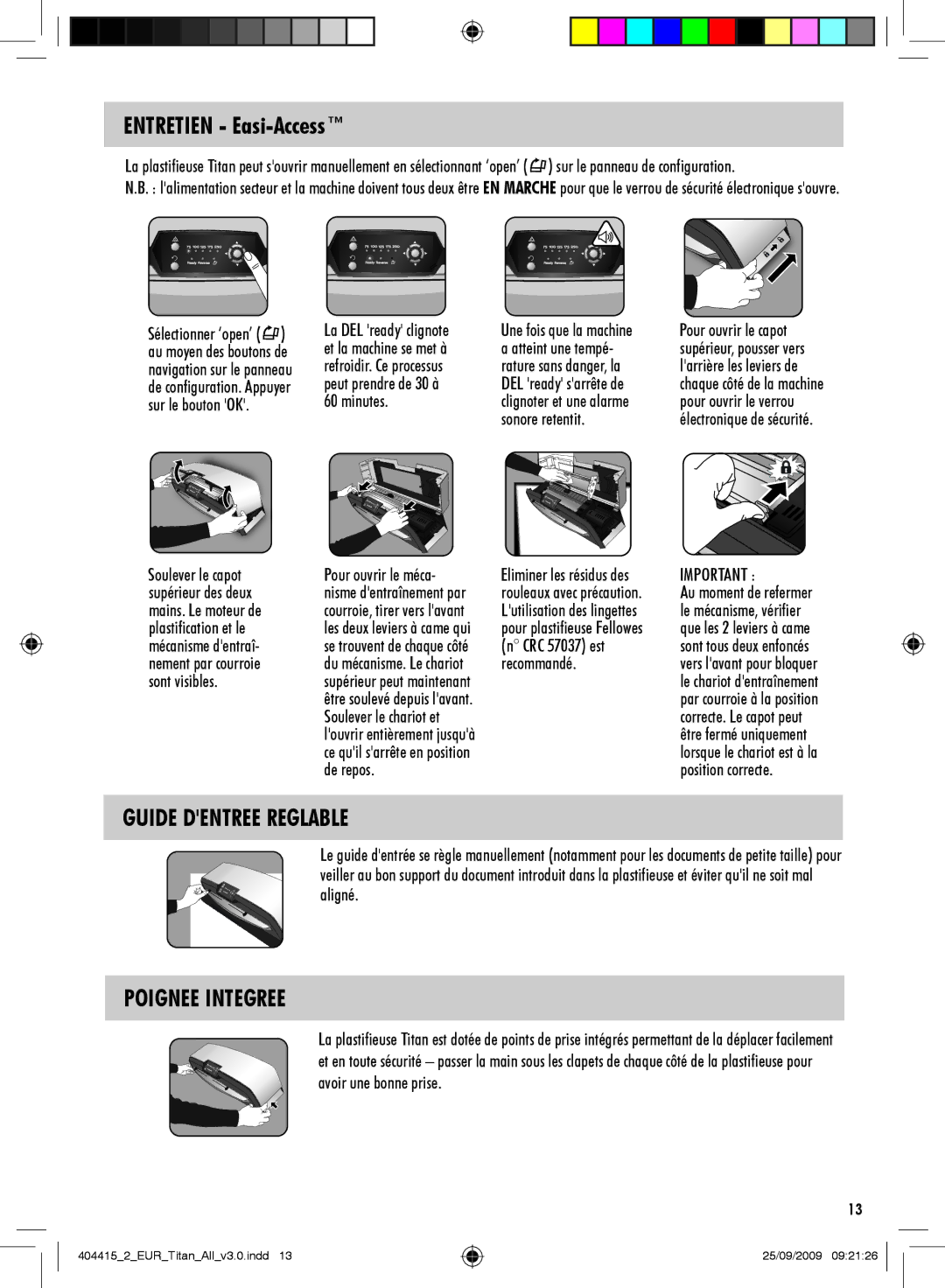 Fellowes Titan A3 manual Entretien Easi-Access, Guide Dentree Reglable, Poignee Integree 