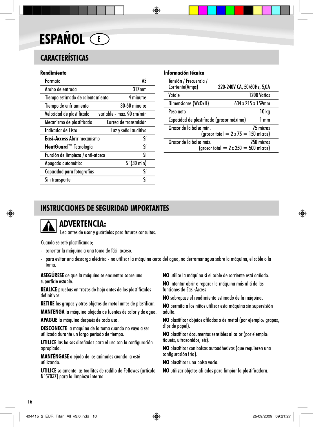 Fellowes Titan A3 manual Advertencia, Instrucciones DE Seguridad Importantes, Características, Rendimiento 