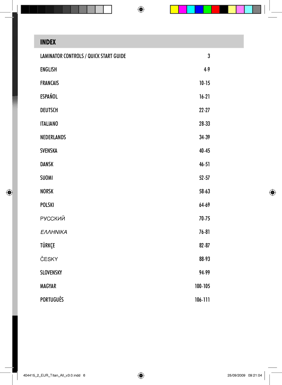 Fellowes Titan A3 manual Index, Slovensky Magyar Português 