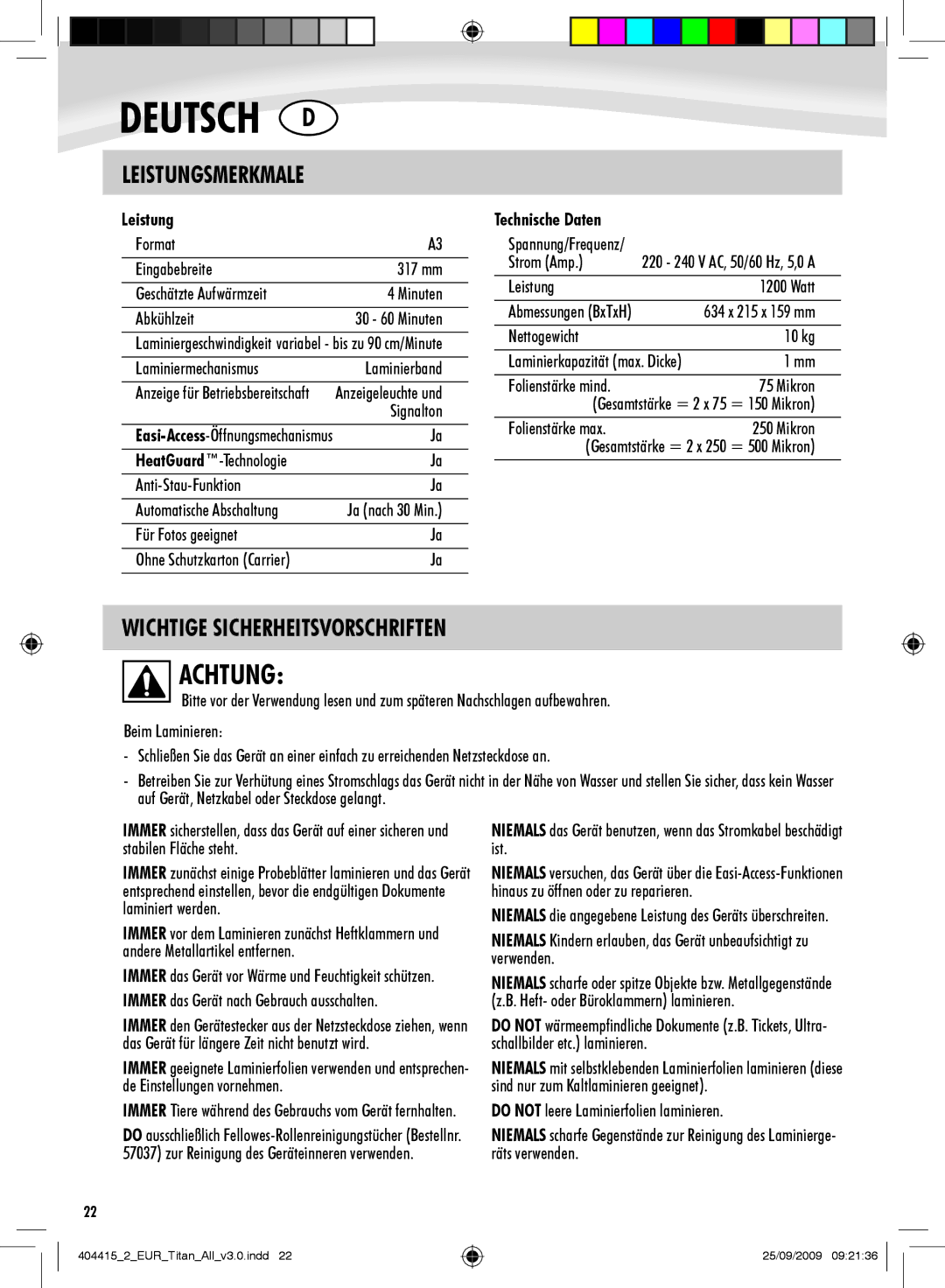 Fellowes Titan A3 manual Achtung, Wichtige Sicherheitsvorschriften, Leistungsmerkmale 