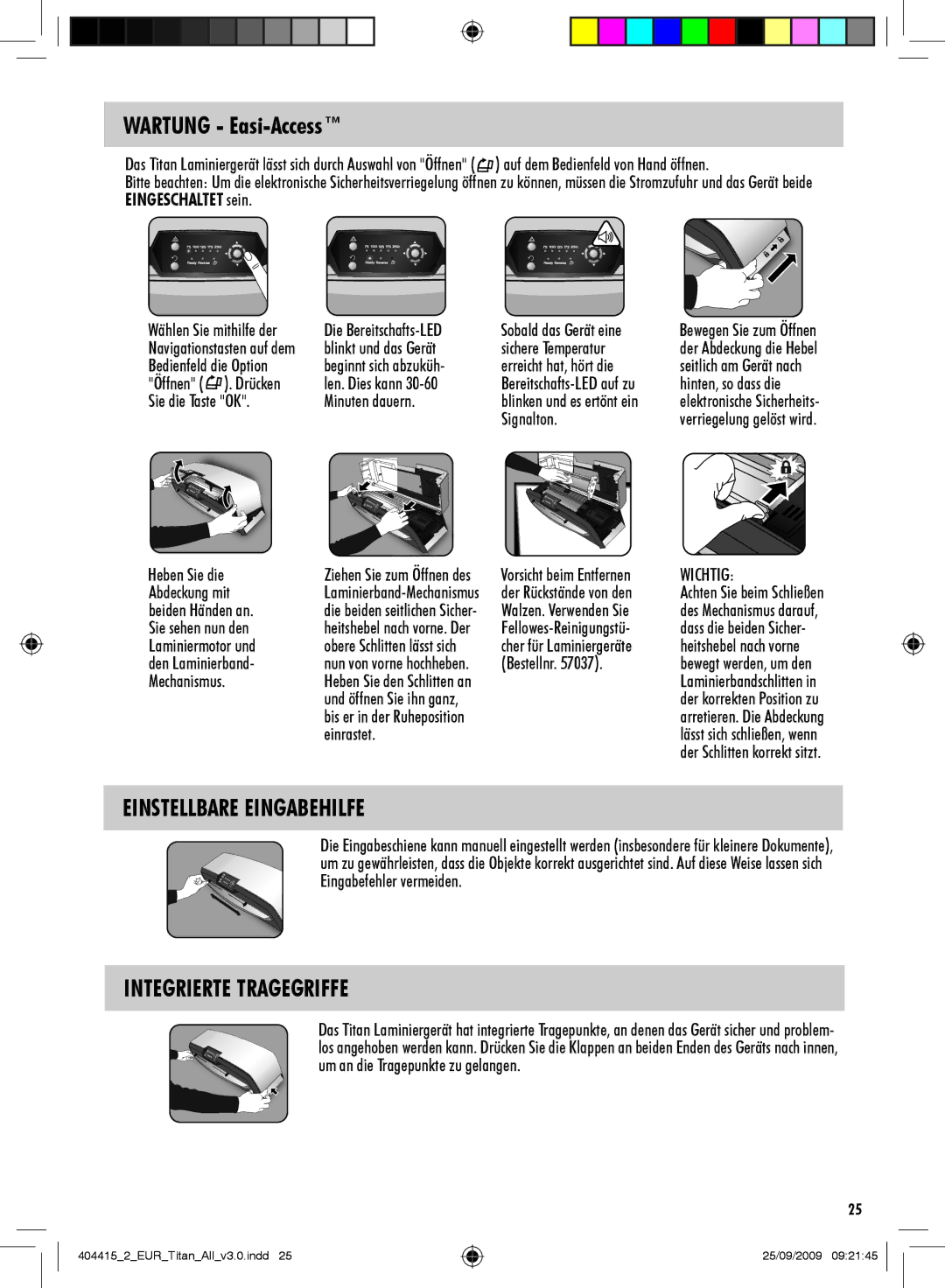 Fellowes Titan A3 manual Wartung Easi-Access, Einstellbare Eingabehilfe, Integrierte Tragegriffe 