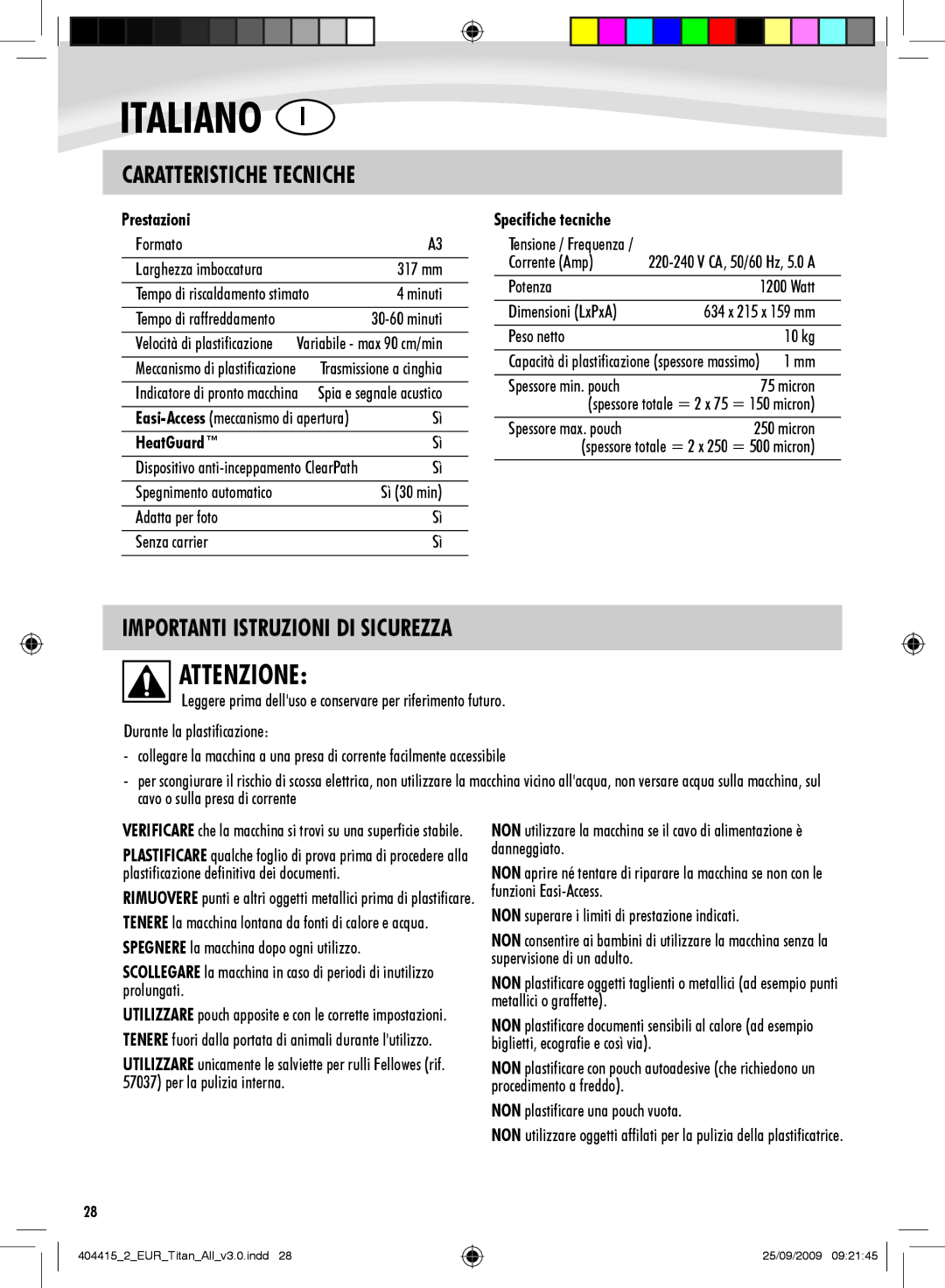 Fellowes Titan A3 manual Attenzione, Importanti Istruzioni DI Sicurezza, Caratteristiche Tecniche, Prestazioni, HeatGuard 