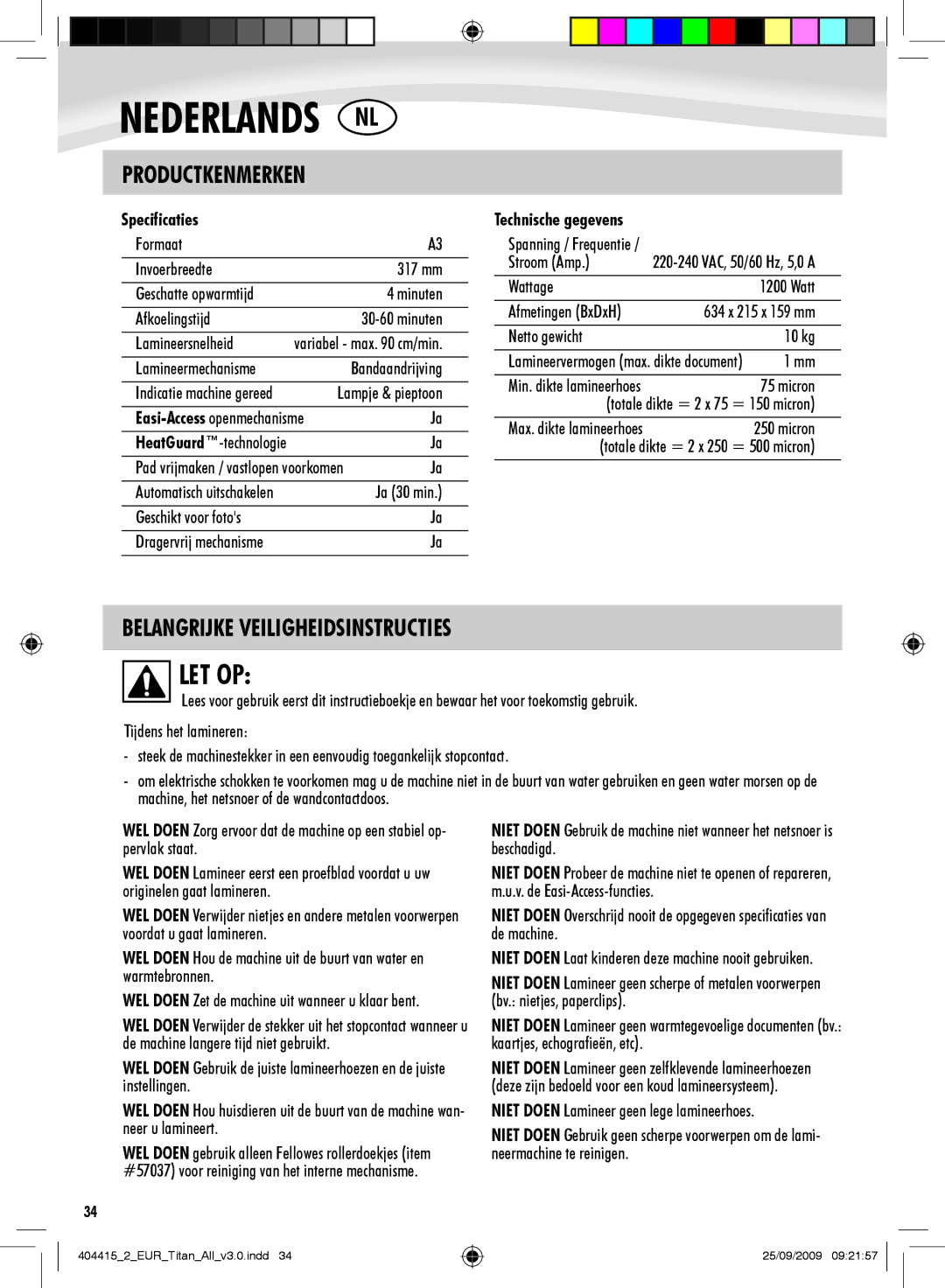 Fellowes Titan A3 manual Let Op, Belangrijke Veiligheidsinstructies, Specificaties 