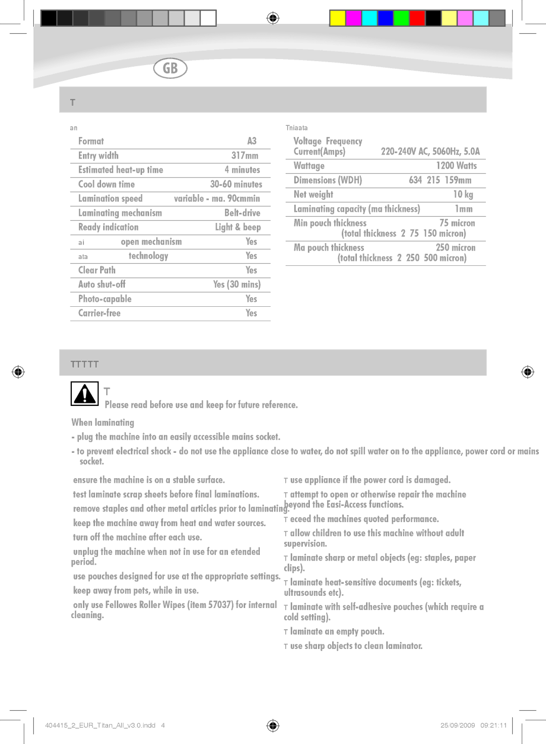 Fellowes Titan A3 manual Capabilities, Important Safety Instructions, Performance, Technical Data 