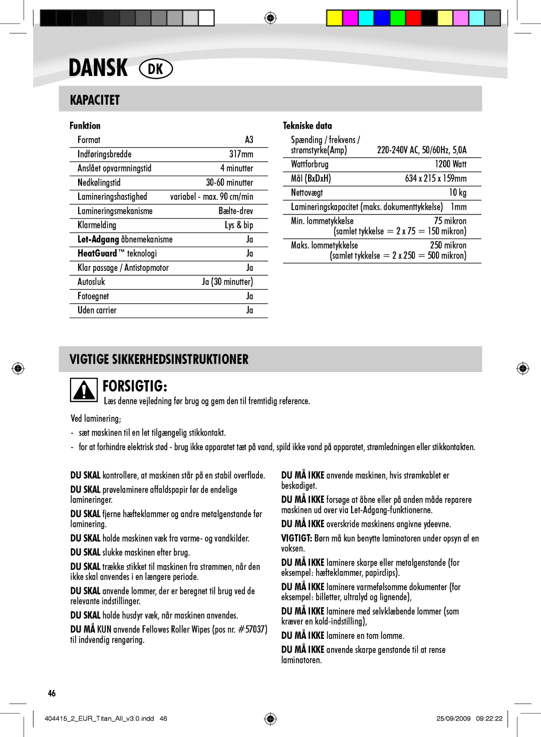 Fellowes Titan A3 manual Forsigtig, Kapacitet, Vigtige Sikkerhedsinstruktioner 