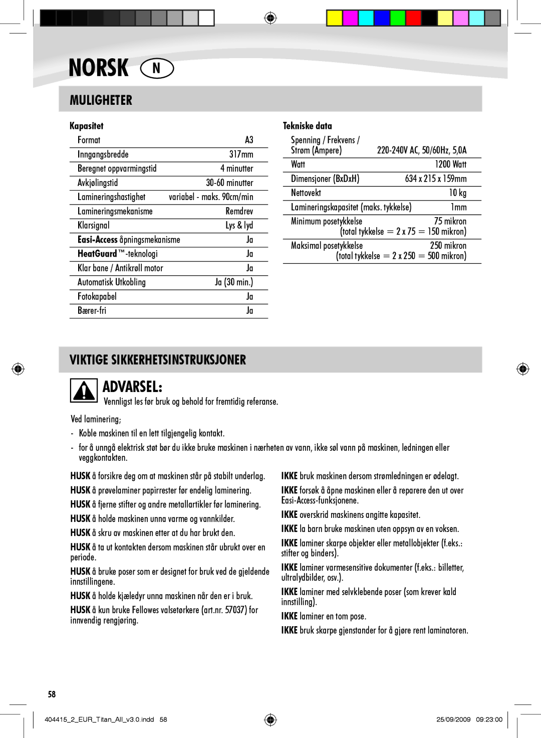 Fellowes Titan A3 manual Viktige Sikkerhetsinstruksjoner, Kapasitet 