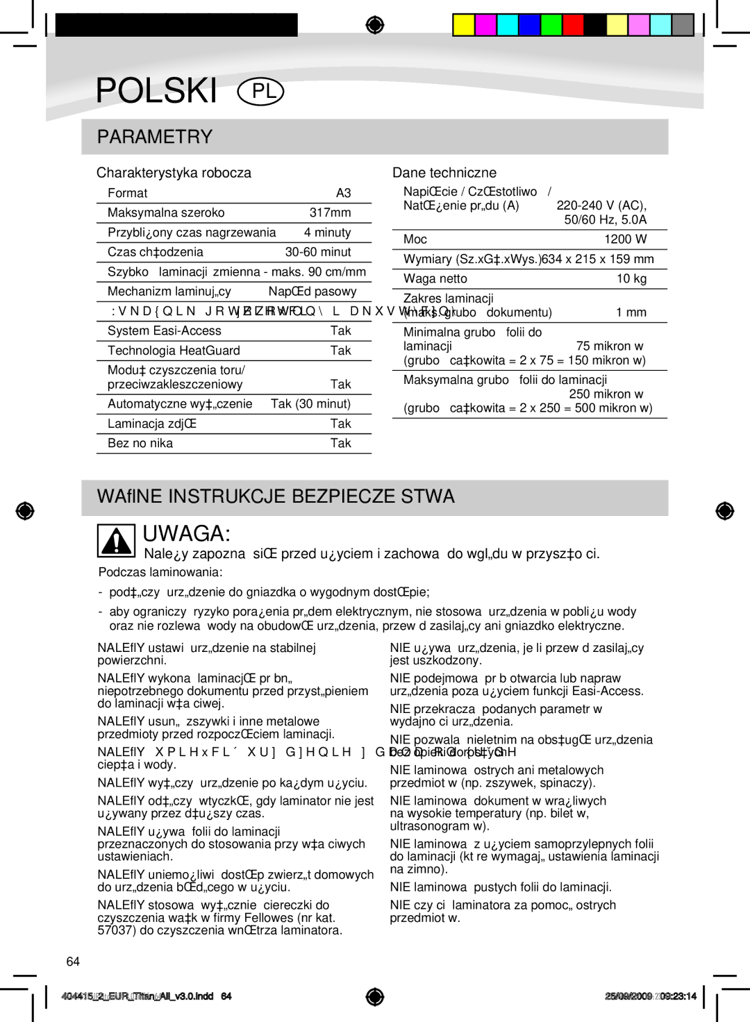 Fellowes Titan A3 manual Uwaga, Parametry, Ważne Instrukcje Bezpieczeństwa, Charakterystyka robocza, Dane techniczne 