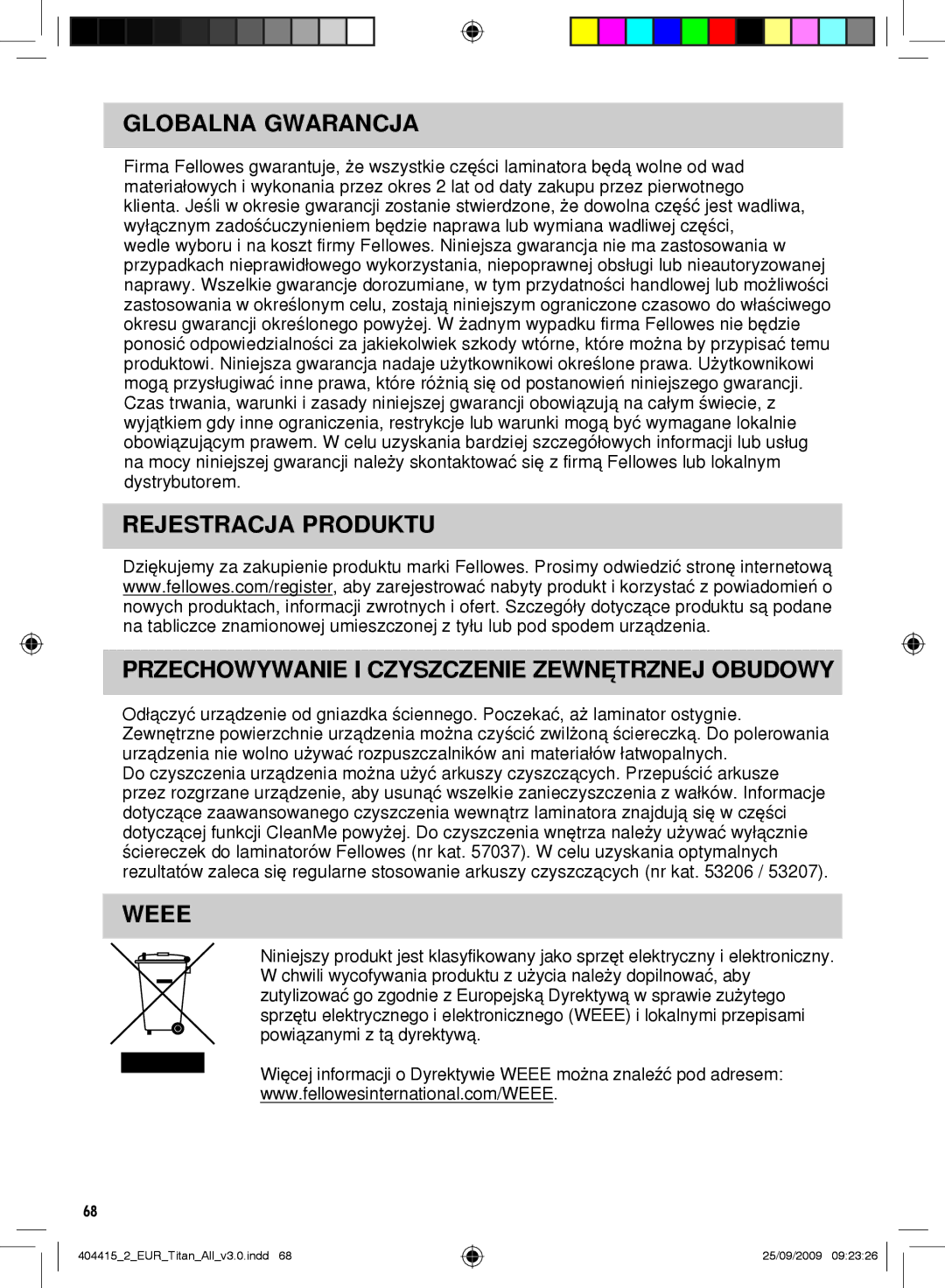 Fellowes Titan A3 manual Globalna Gwarancja, Weee 