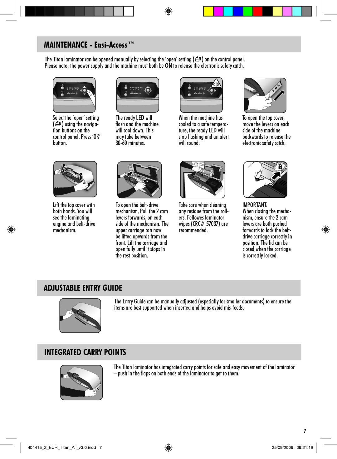 Fellowes Titan A3 manual Maintenance Easi-Access, Adjustable Entry Guide, Integrated Carry Points 