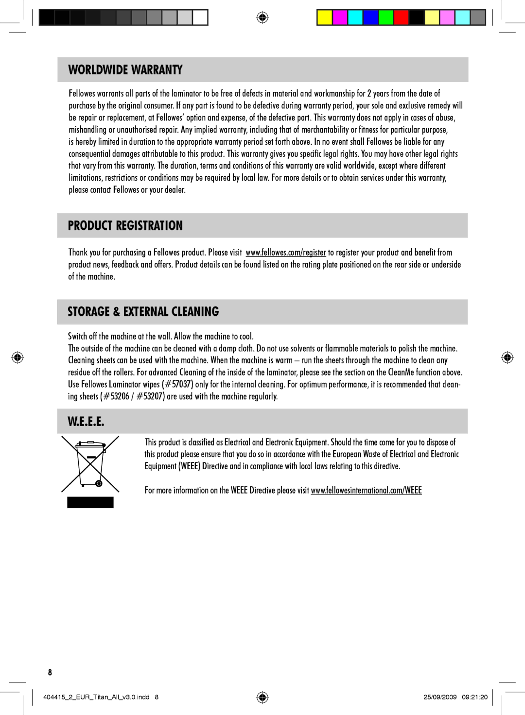 Fellowes Titan A3 manual Worldwide Warranty, Product Registration Storage & External Cleaning, E.E 