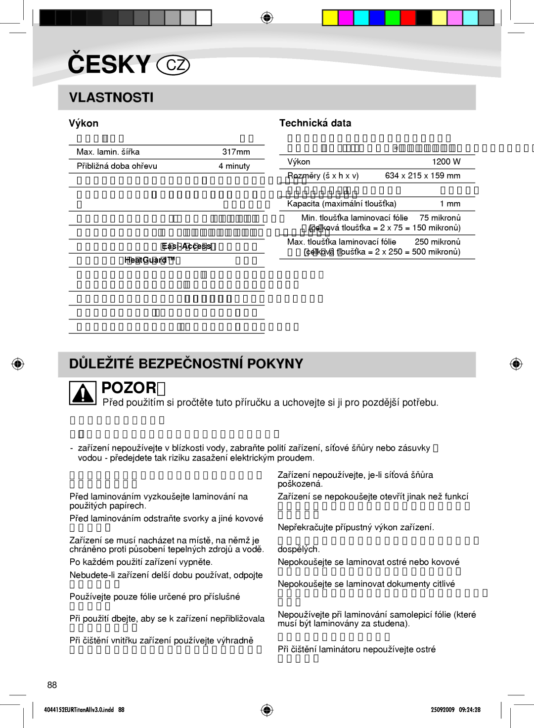 Fellowes Titan A3 manual Pozor, Vlastnosti, Důležité Bezpečnostní Pokyny, Výkon, Technická data 