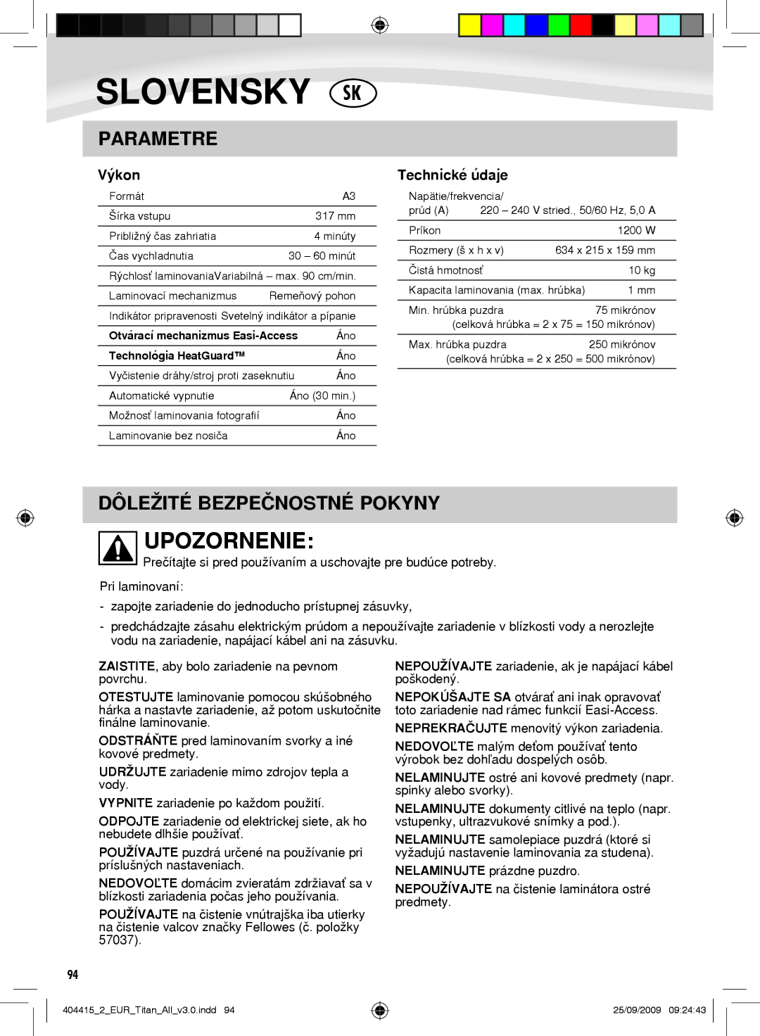 Fellowes Titan A3 manual Upozornenie, Parametre, Dôležité Bezpečnostné Pokyny, Technické údaje 