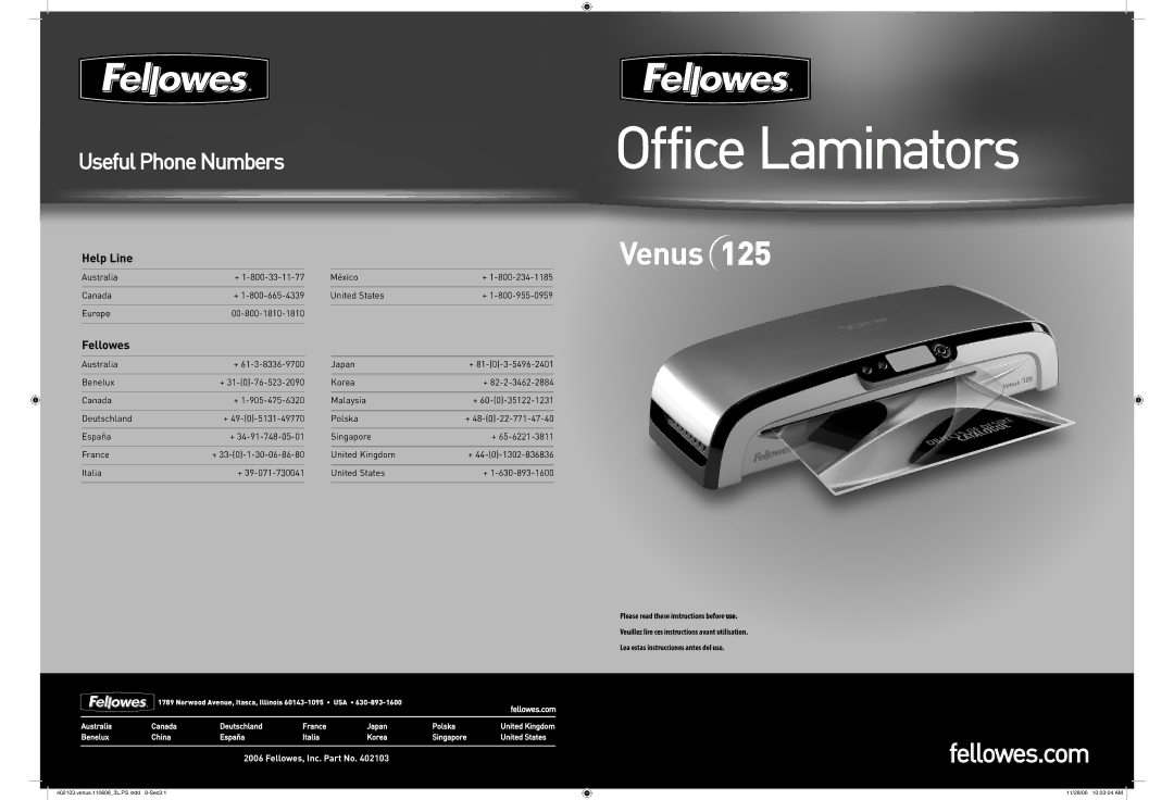 Fellowes Venus 125 manual OfficeLaminators 