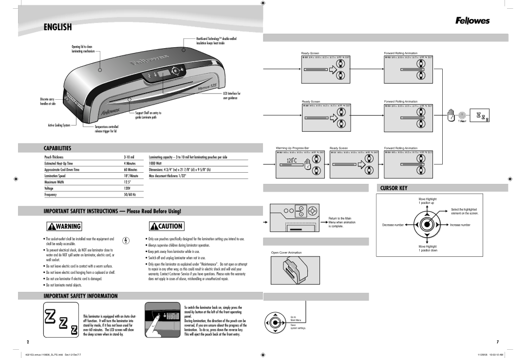 Fellowes Venus 125 manual Capabilities, Cursor KEY, Important Safety Instructions Please Read Before Using 