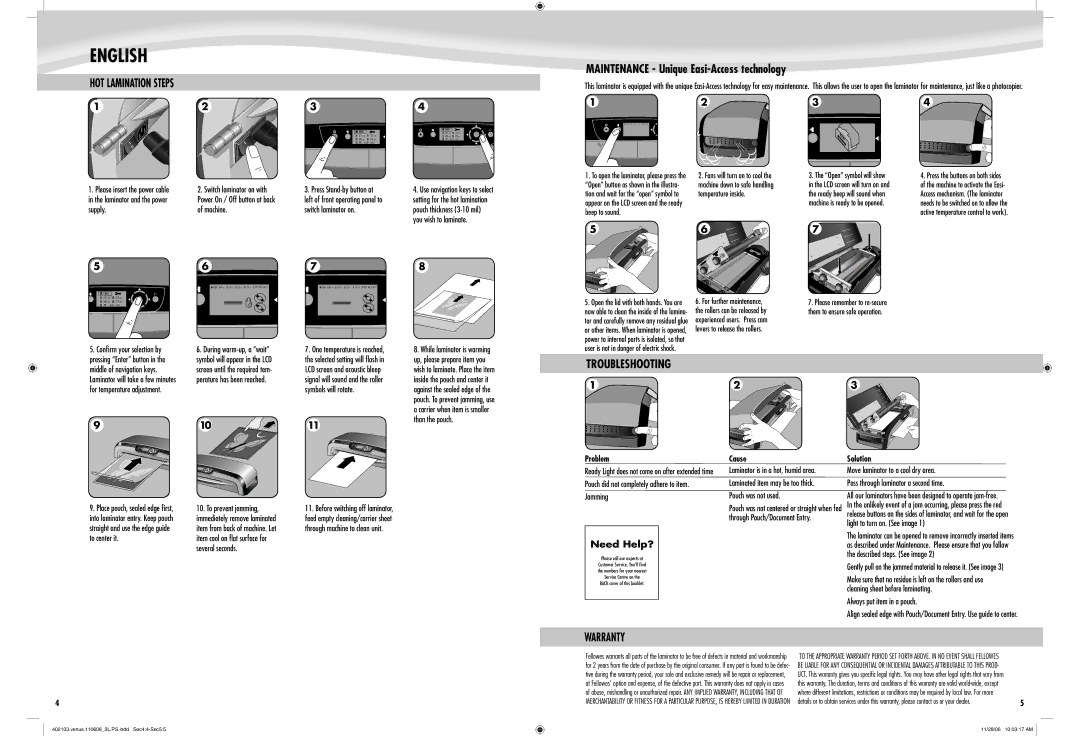 Fellowes Venus 125 manual Maintenance Unique Easi-Access technology, Warranty, Cold 80 mic 100 mic 125 mic 175 mic ??? Exit 