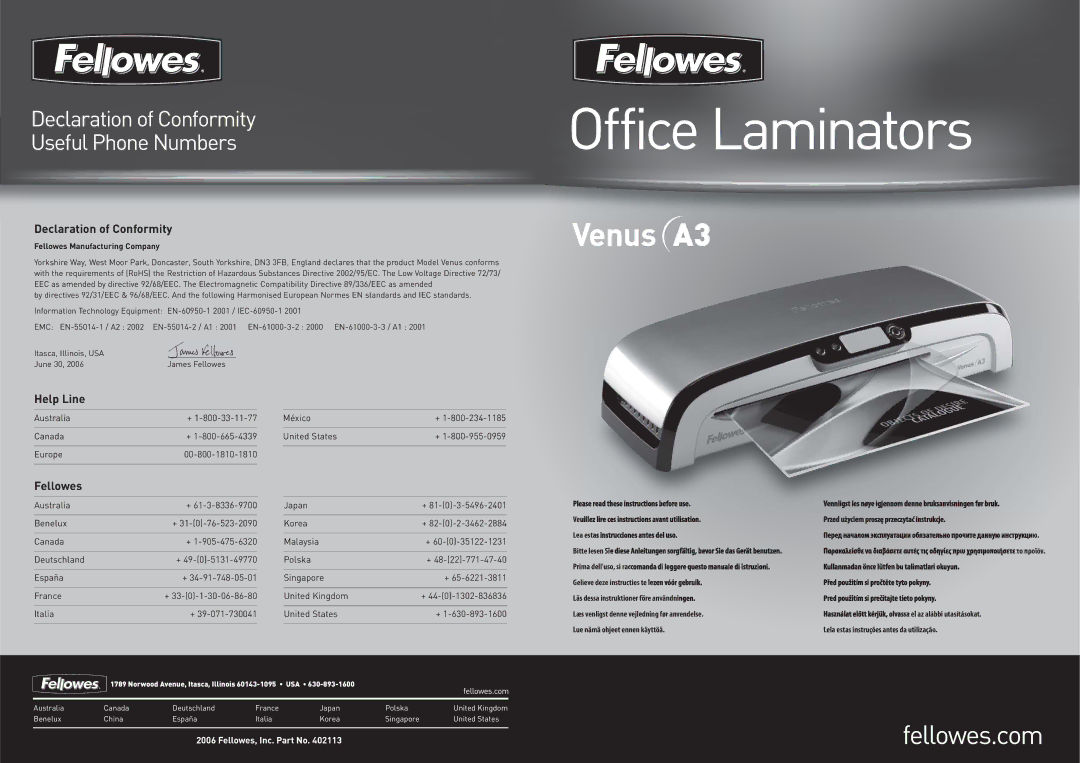 Fellowes Venus A3 manual Office Laminators, Australia Canada Europe 00-800-1810-1810 