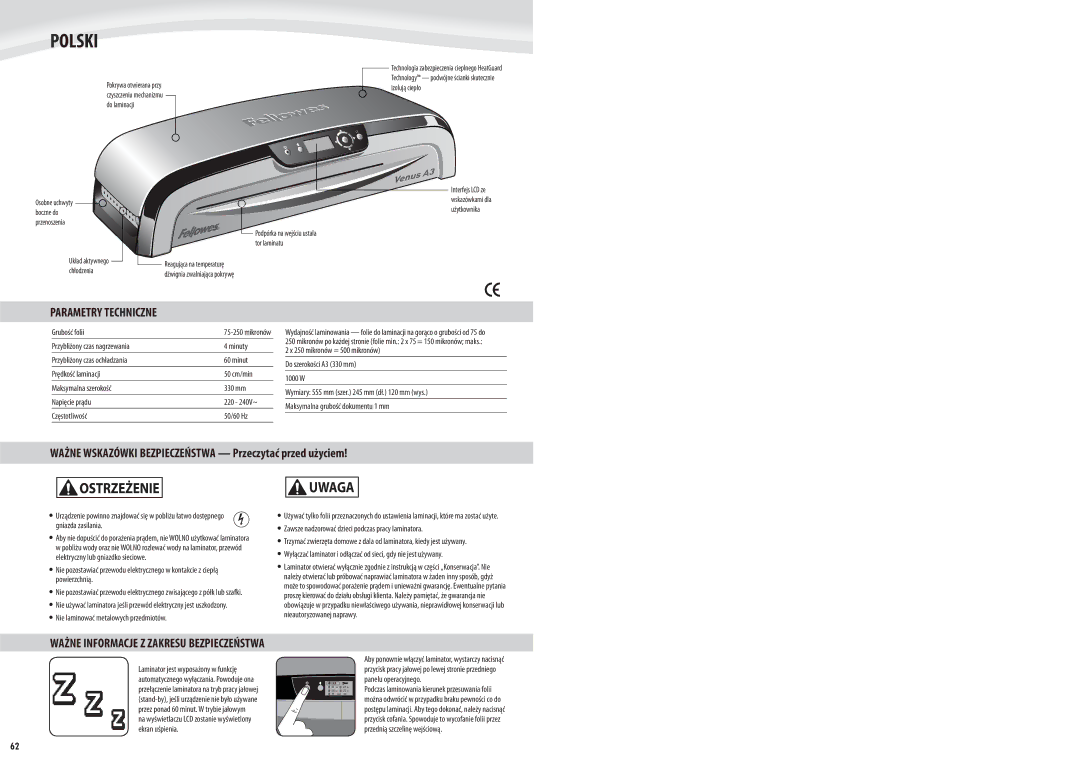 Fellowes Venus A3 manual Parametry Techniczne, Uwaga, Ważne Informacje Z Zakresu Bezpieczeństwa 