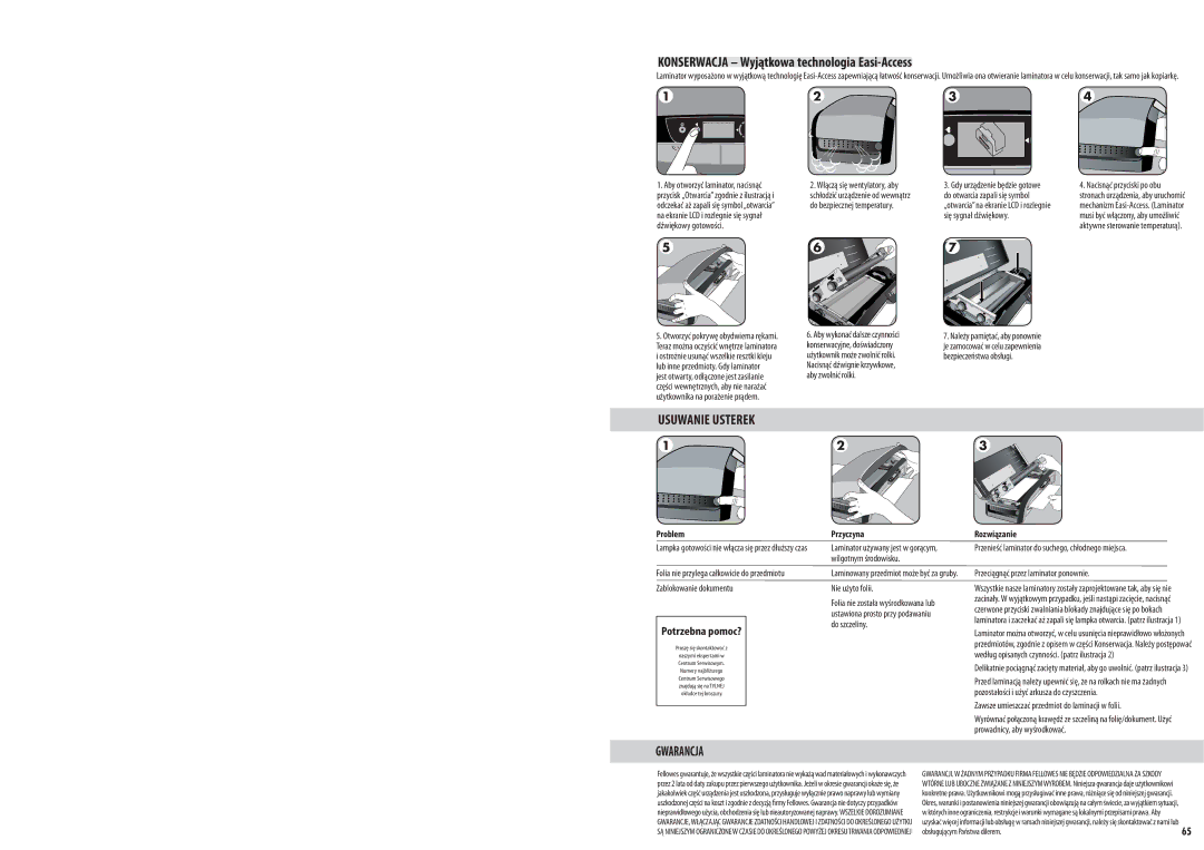 Fellowes Venus A3 manual Usuwanie Usterek, Gwarancja, Nie użyto folii, Przeciągnąć przez laminator ponownie 