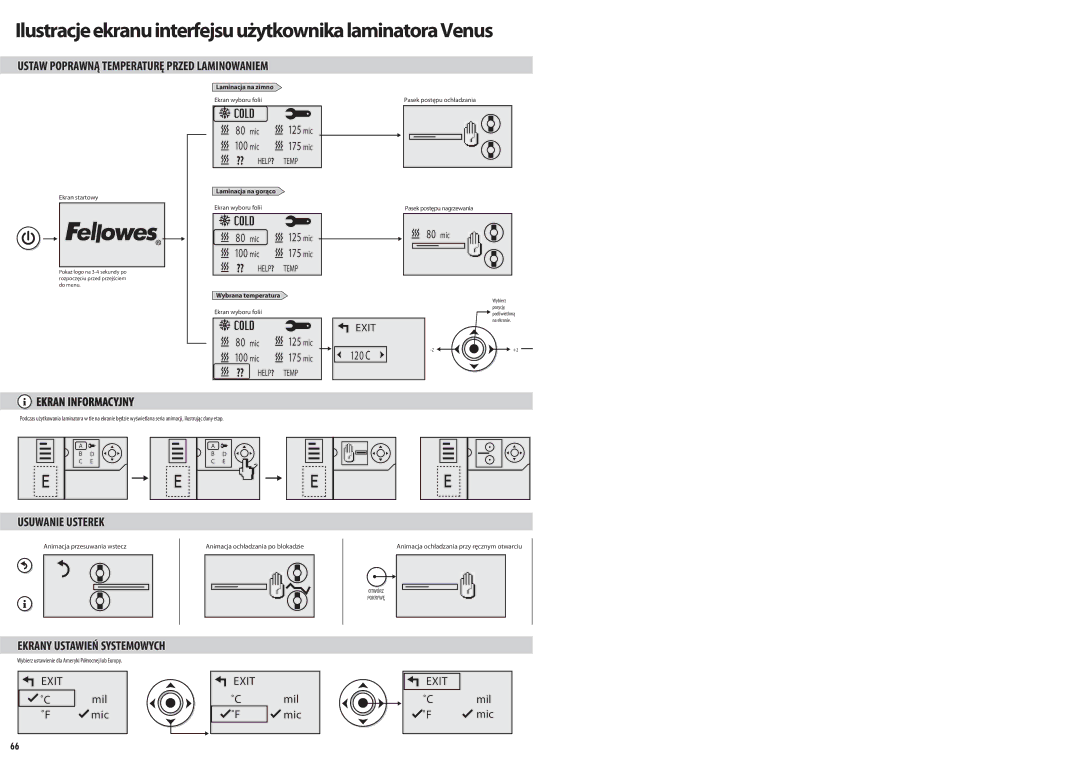 Fellowes Venus A3 manual Ustaw Poprawną Temperaturę Przed Laminowaniem, Ekrany Ustawień Systemowych, 100 mic, 120 C 