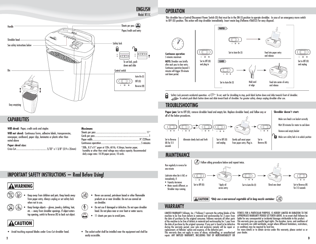 Fellowes W11C manual Operation, Troubleshooting Capabilities, Warranty 