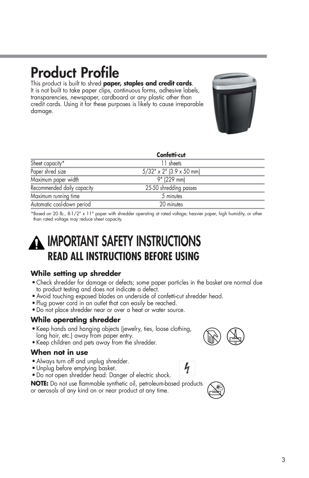 Fellowes W11C manual Product Profile, While setting up shredder, While operating shredder, When not in use 