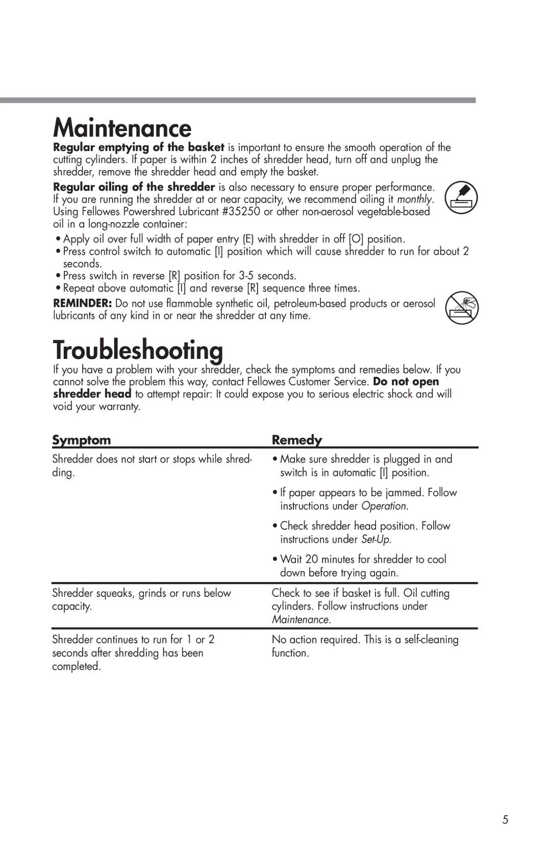 Fellowes W11C manual Maintenance, Troubleshooting, Symptom Remedy 