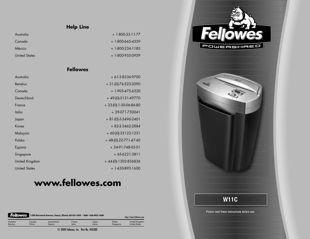 Fellowes W11C manual Help Line, Fellowes 