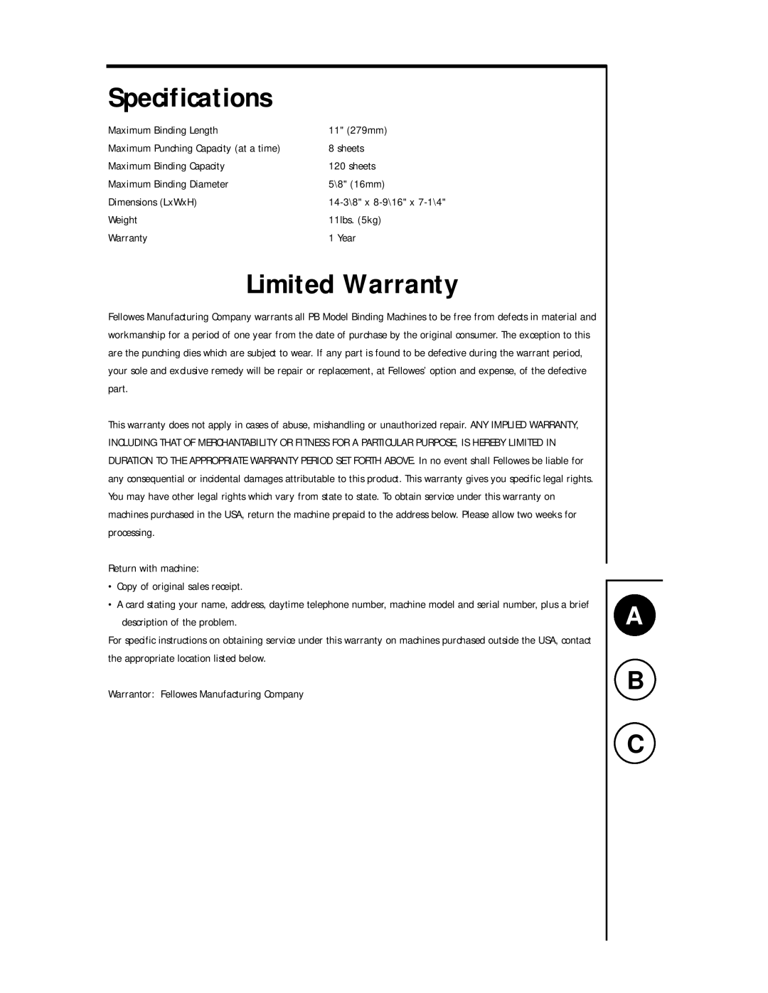 Fellowes WB 100 manual Specifications, Limited Warranty 