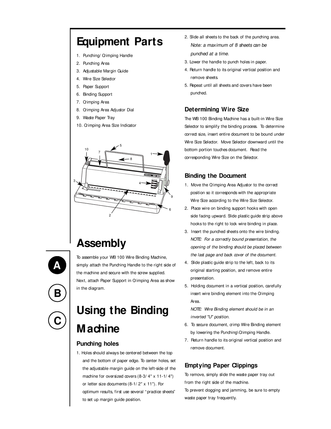 Fellowes WB 100 manual Assembly, Equipment Parts 