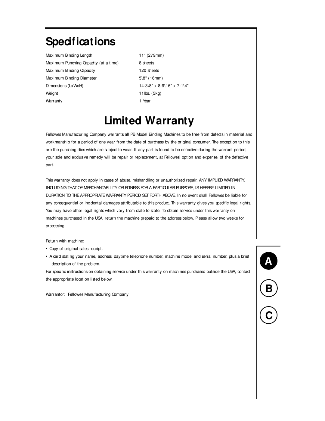 Fellowes WB 100 manual Specifications, Limited Warranty 