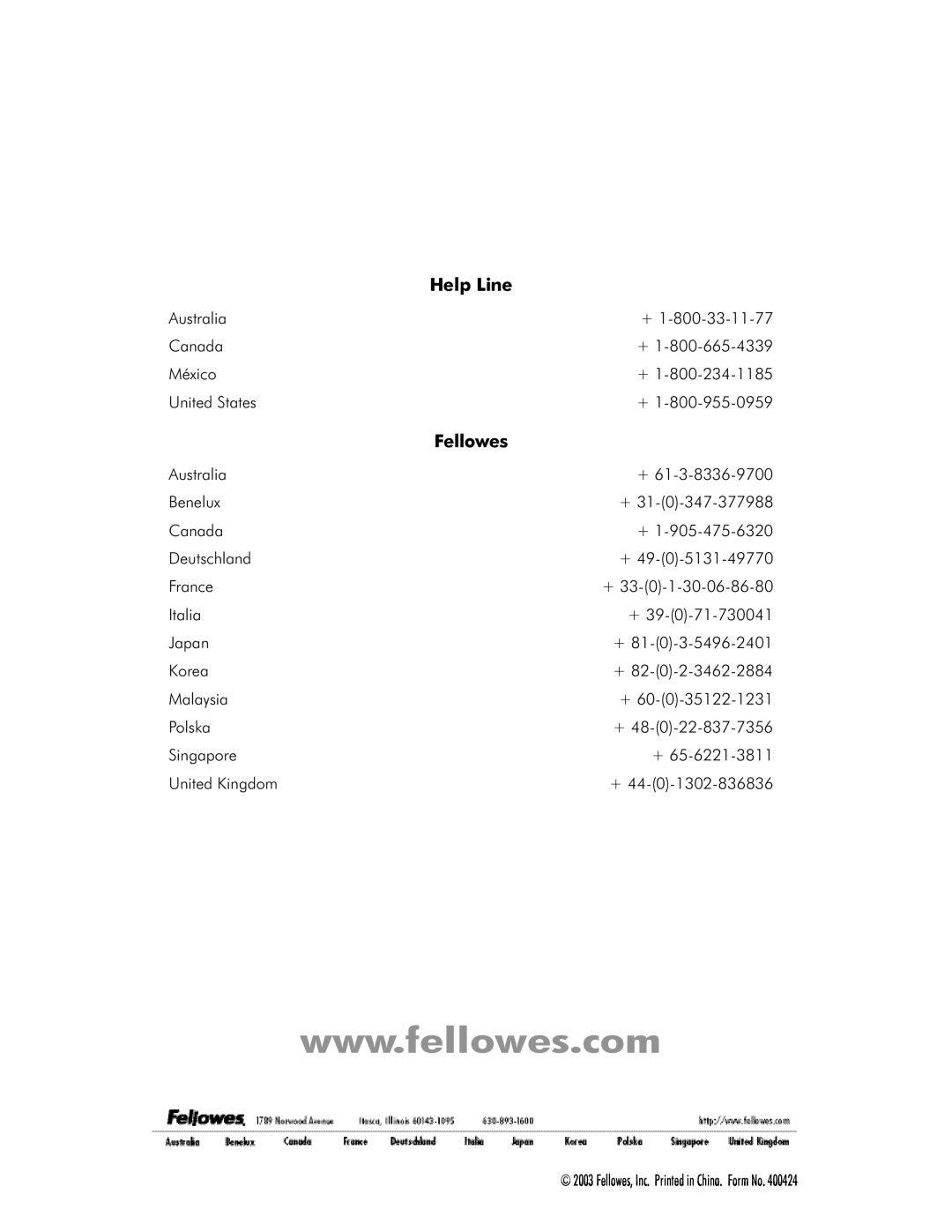 Fellowes WB 150 manual Help Line 