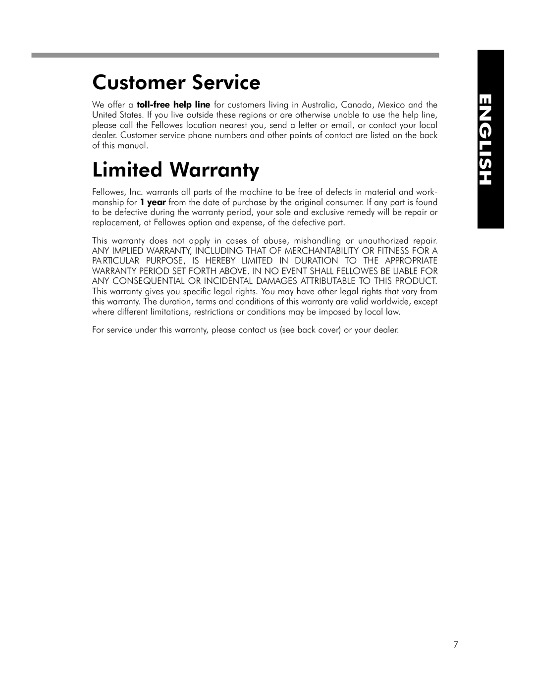 Fellowes WB 150 manual Customer Service, Limited Warranty 