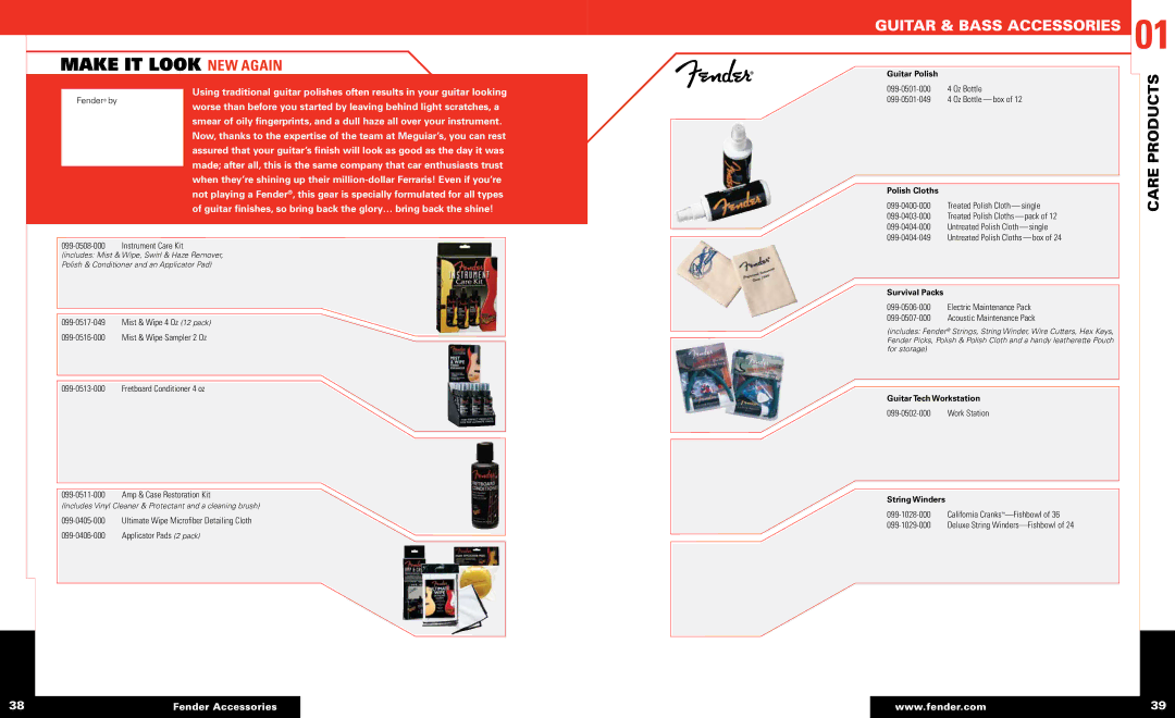 Fender 01 Care Products, Oz Bottle, Treated Polish Cloth single, Electric Maintenance Pack, Acoustic Maintenance P ck 