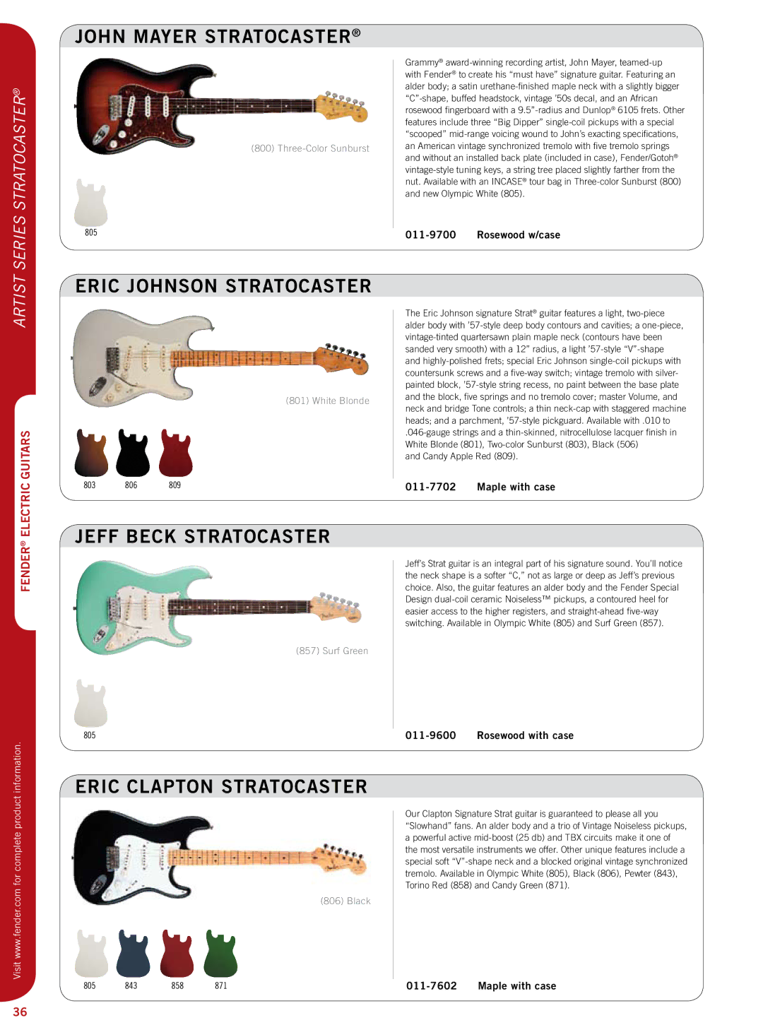 Fender 011-7602, 011-9600 specifications John Mayer Stratocaster, Eric Johnson Stratocaster, Jeff Beck Stratocaster 