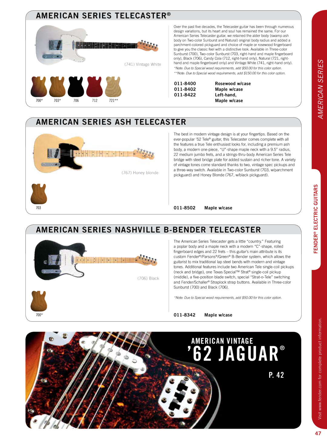 Fender 011-9600 American Series Telecaster, American Series ASH Telecaster, American Series Nashville B-BENDER Telecaster 